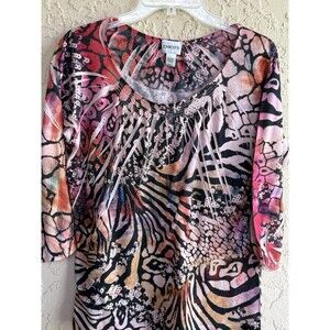 Chicos Sz 1 (8-10) Womens Coral Pink Ombre Multicolor Jeweled Animal Print Shirt